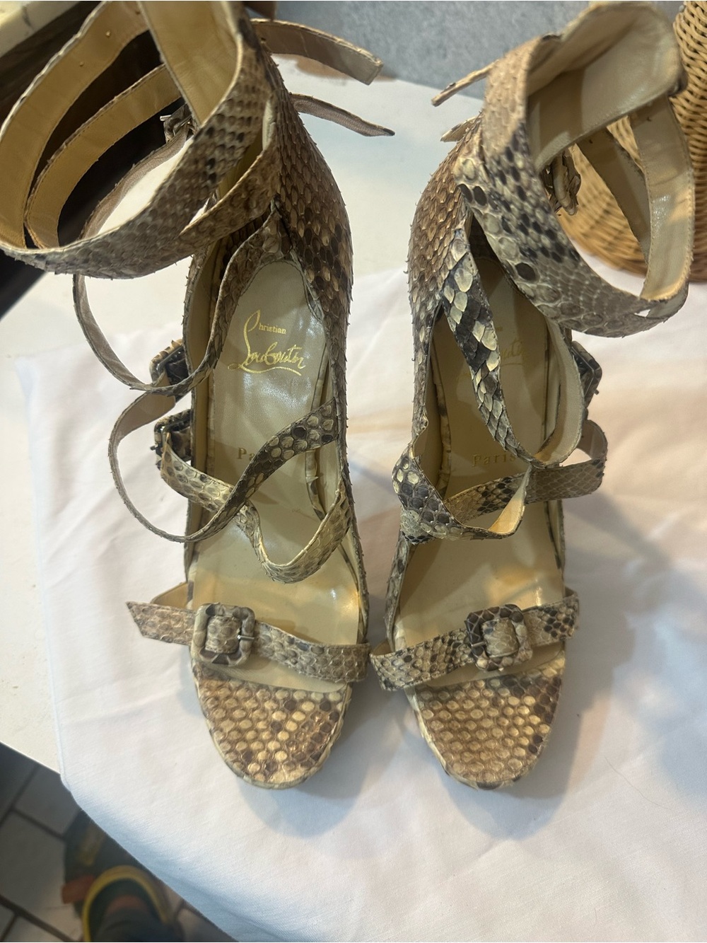 Christian Louboutin Taupe Snakeskin Lace-Up High Heels